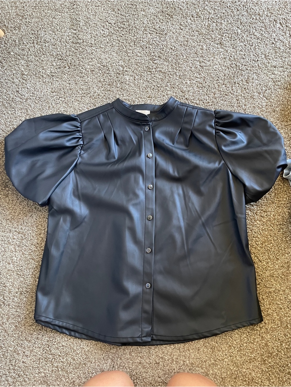Faux Leather Puff Short Sleeve Button-Down Top - Black